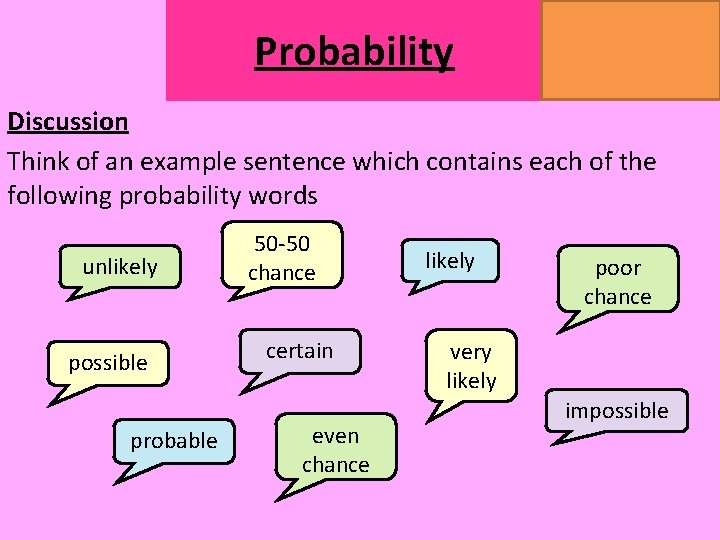 Probability MATHSWATCH CLIP 14, 59, 60, 125 GRADE 1, 2, 3 Discussion Think of