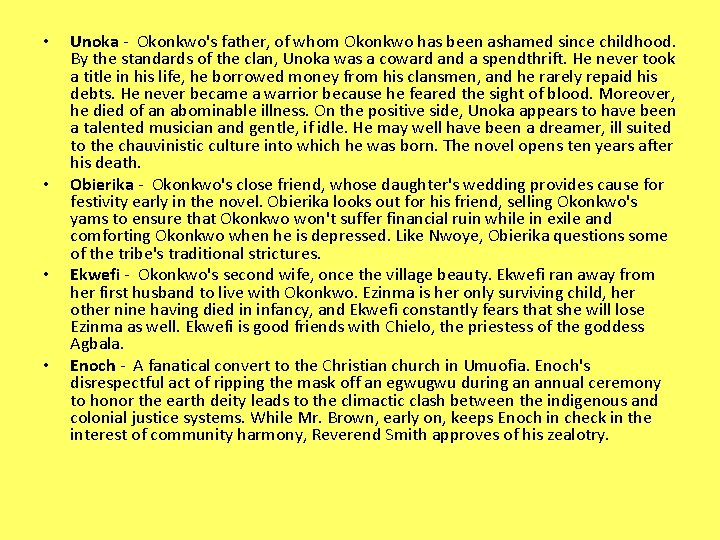  • • Unoka - Okonkwo's father, of whom Okonkwo has been ashamed since