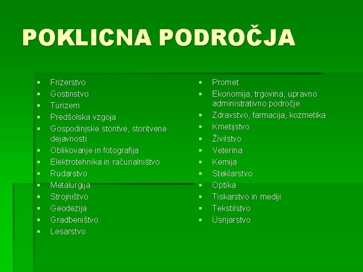 POKLICNA PODROČJA § § § § Frizerstvo Gostinstvo Turizem Predšolska vzgoja Gospodinjske storitve, storitvene