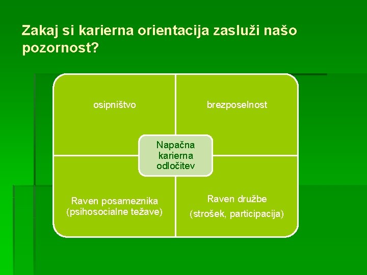 Zakaj si karierna orientacija zasluži našo pozornost? osipništvo brezposelnost Napačna karierna odločitev Raven posameznika