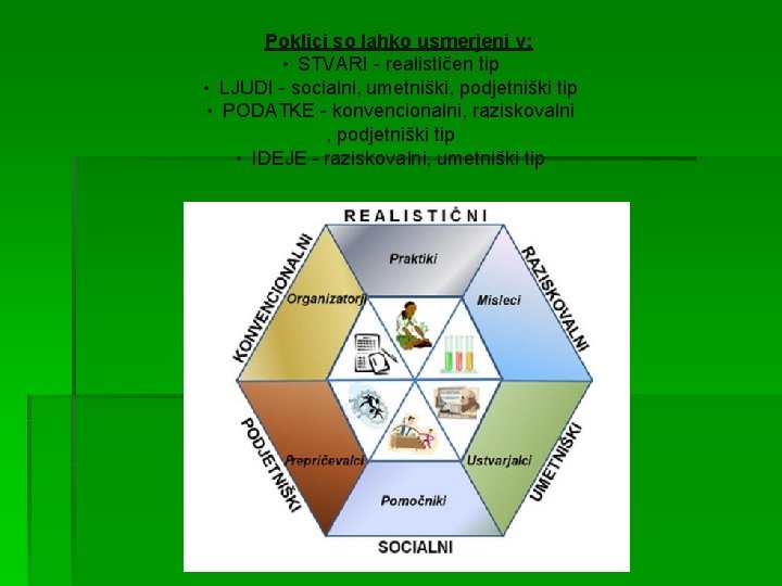 Poklici so lahko usmerjeni v: • STVARI - realističen tip • LJUDI - socialni,