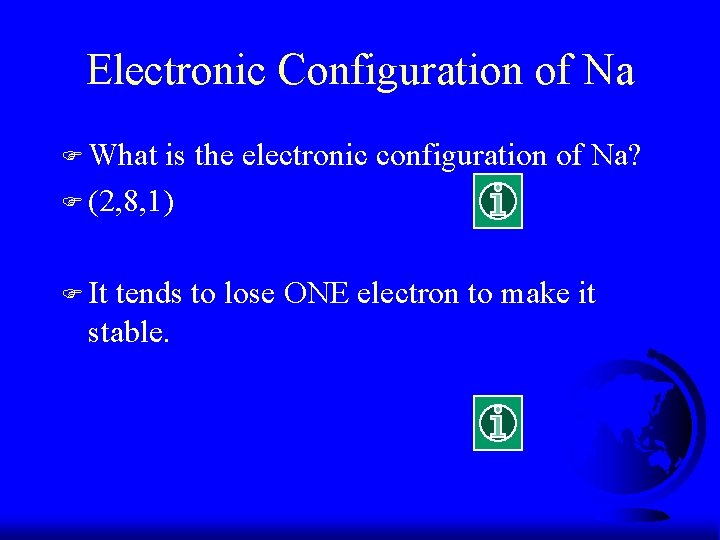 Electronic Configuration of Na F What is the electronic configuration of Na? F (2,