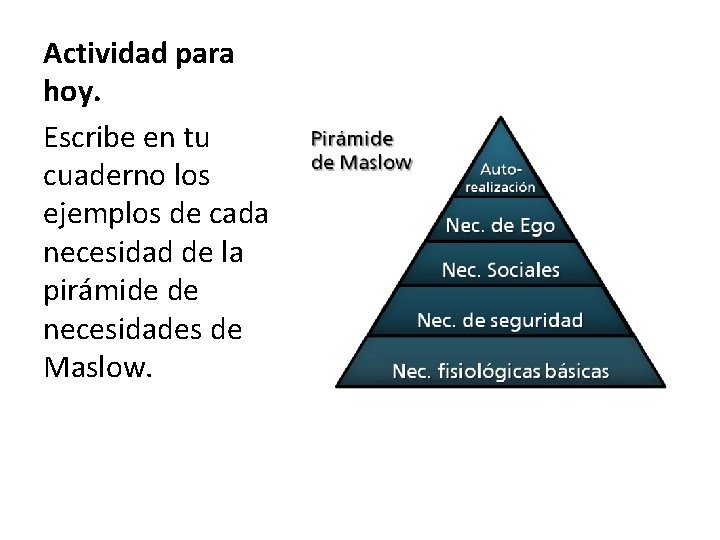 Actividad para hoy. Escribe en tu cuaderno los ejemplos de cada necesidad de la