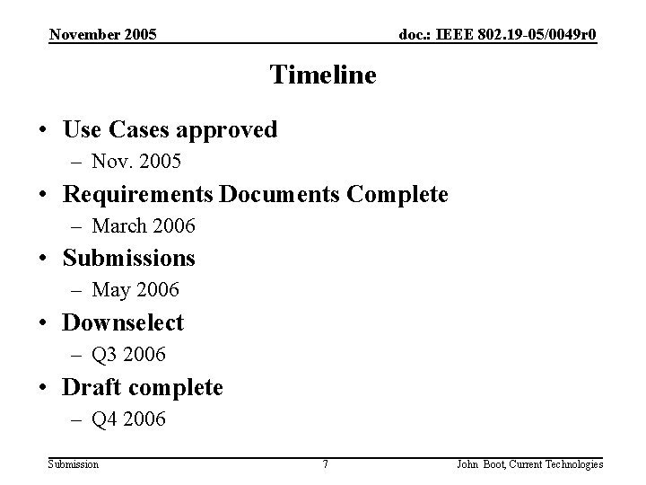 November 2005 doc. : IEEE 802. 19 -05/0049 r 0 Timeline • Use Cases