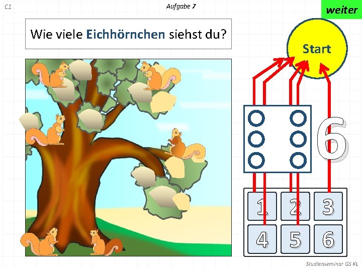 Aufgabe 7 Wie viele Eichhörnchen siehst du? weiter Start 6 1 2 3 4