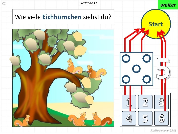 Aufgabe 12 Wie viele Eichhörnchen siehst du? weiter Start 5 1 2 3 4