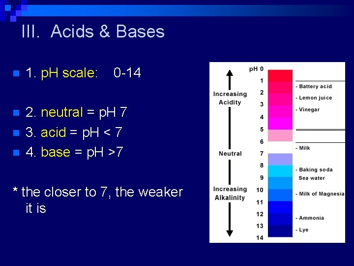 III. Acids & Bases n 1. p. H scale: n 2. neutral = p.