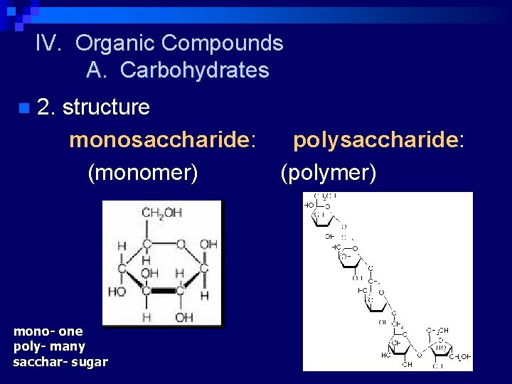 IV. Organic Compounds A. Carbohydrates n 2. structure monosaccharide: (monomer) mono- one poly- many