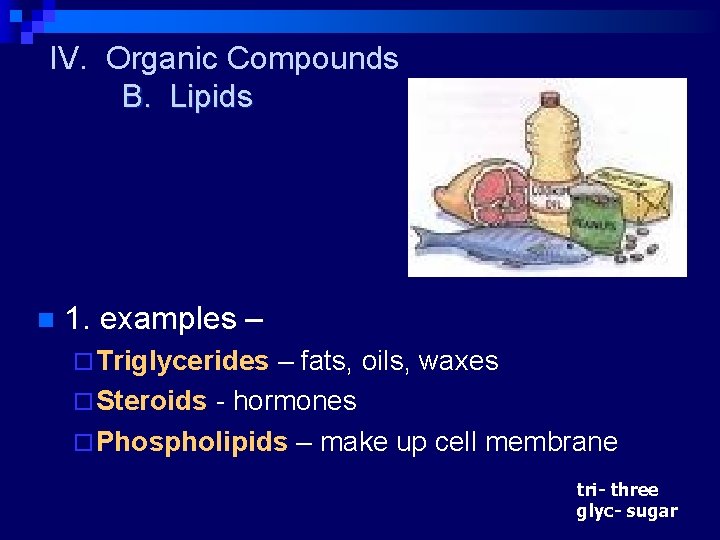 IV. Organic Compounds B. Lipids n 1. examples – ¨ Triglycerides – fats, oils,