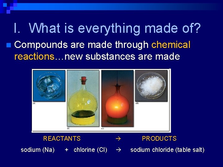 I. What is everything made of? n Compounds are made through chemical reactions…new substances