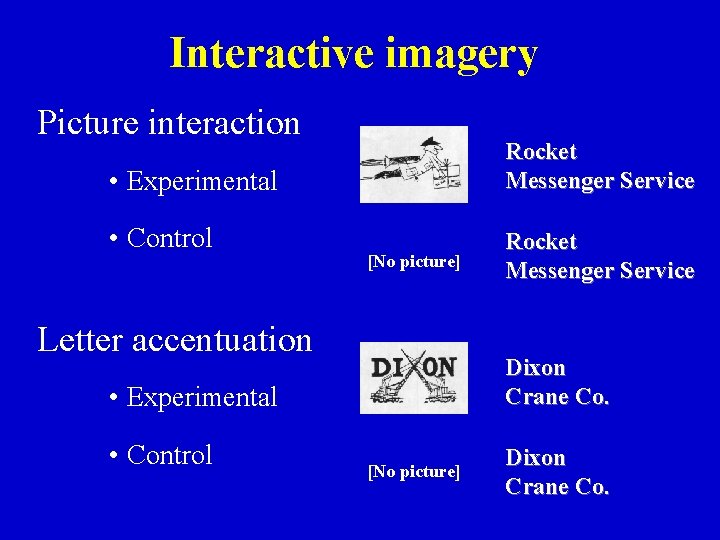 Interactive imagery Picture interaction Rocket Messenger Service • Experimental • Control [No picture] Letter