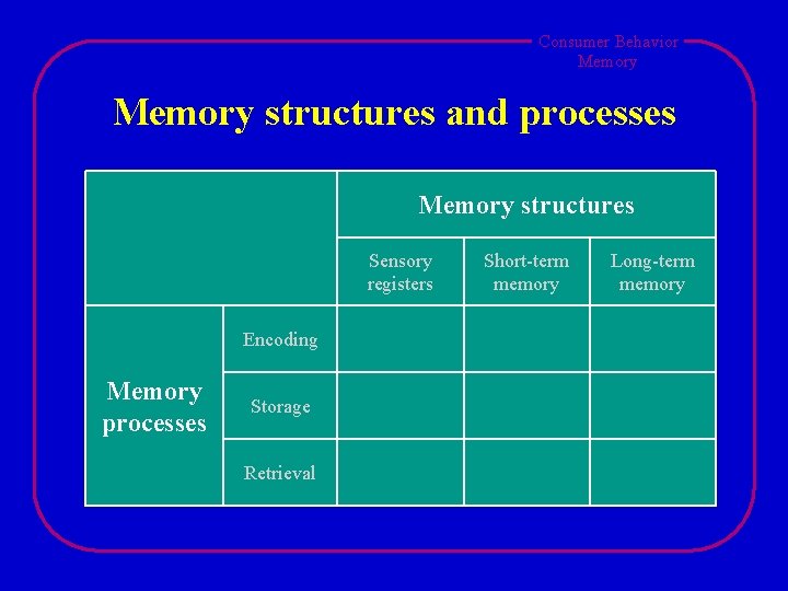 Consumer Behavior Memory structures and processes Memory structures Sensory registers Encoding Memory processes Storage