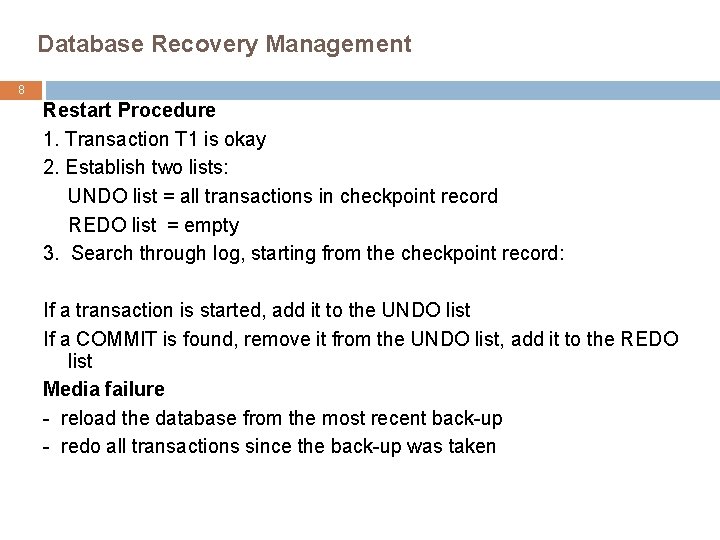 Database Recovery Management 8 Restart Procedure 1. Transaction T 1 is okay 2. Establish