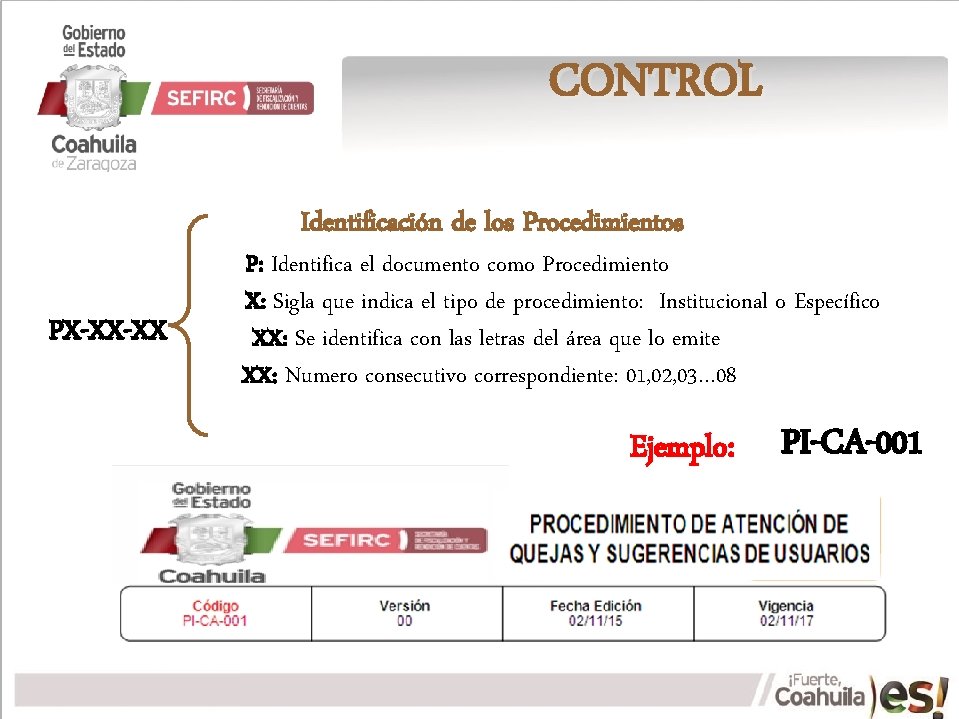 CONTROL Identificación de los Procedimientos PX-XX-XX P: Identifica el documento como Procedimiento X: Sigla