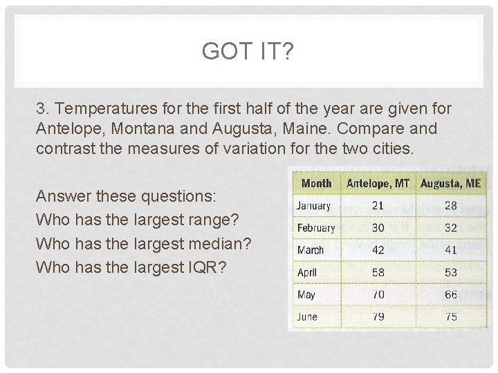 GOT IT? 3. Temperatures for the first half of the year are given for