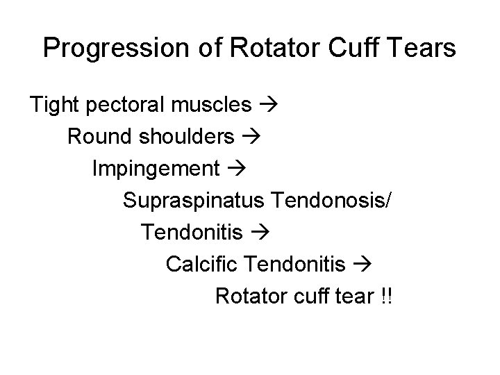 Progression of Rotator Cuff Tears Tight pectoral muscles Round shoulders Impingement Supraspinatus Tendonosis/ Tendonitis