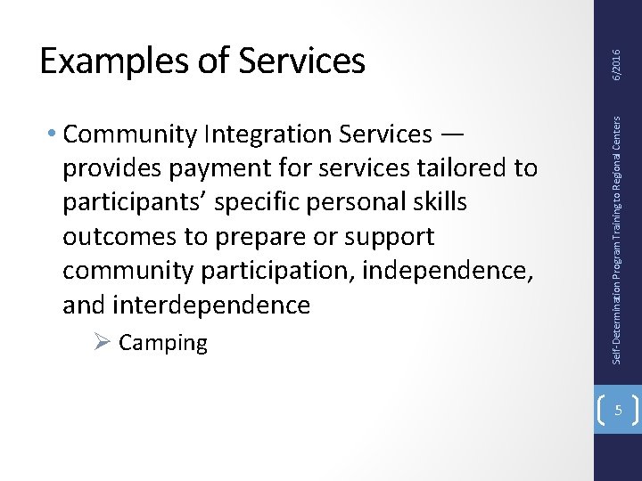  • Community Integration Services — provides payment for services tailored to participants’ specific