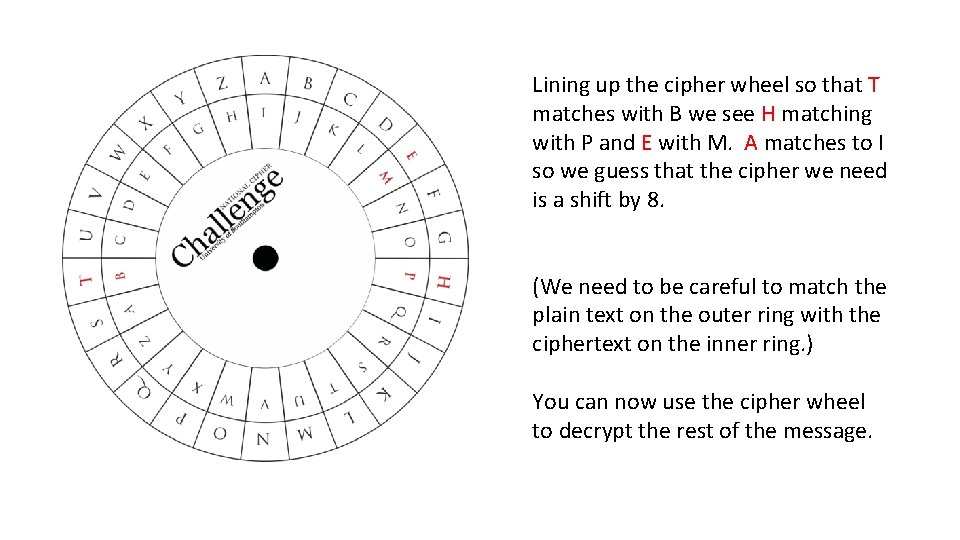 Lining up the cipher wheel so that T matches with B we see H