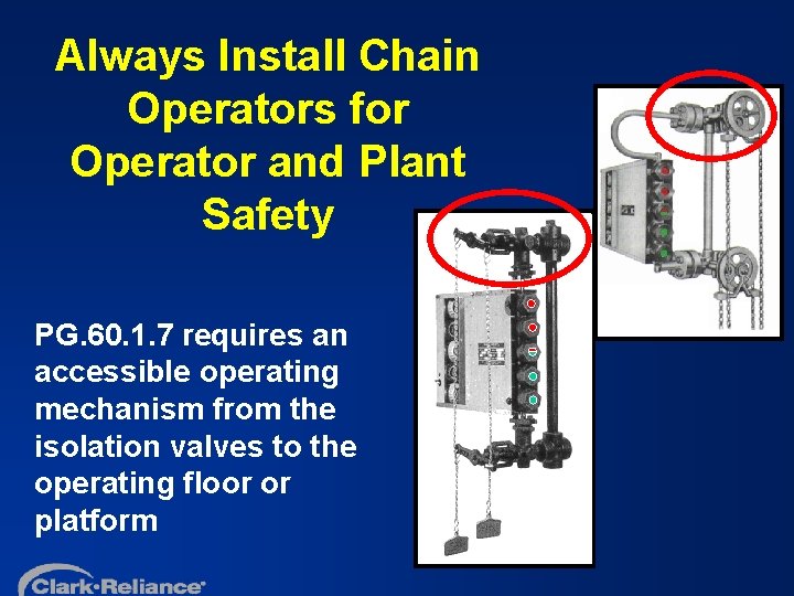 Always Install Chain Operators for Operator and Plant Safety PG. 60. 1. 7 requires
