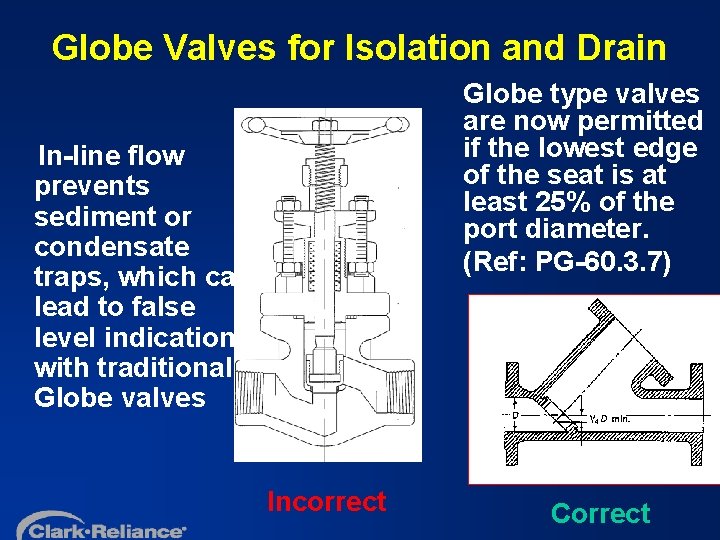 Globe Valves for Isolation and Drain Globe type valves are now permitted if the