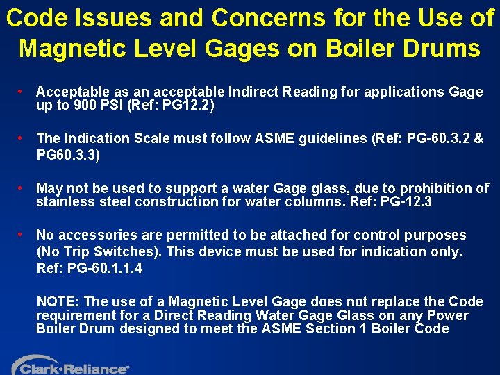 Code Issues and Concerns for the Use of Magnetic Level Gages on Boiler Drums