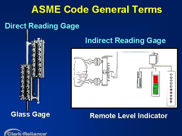 ASME Code General Terms Direct Reading Gage Indirect Reading Gage Glass Gage Remote Level