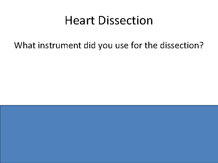 Heart Dissection What instrument did you use for the dissection? Scalpel / blade /