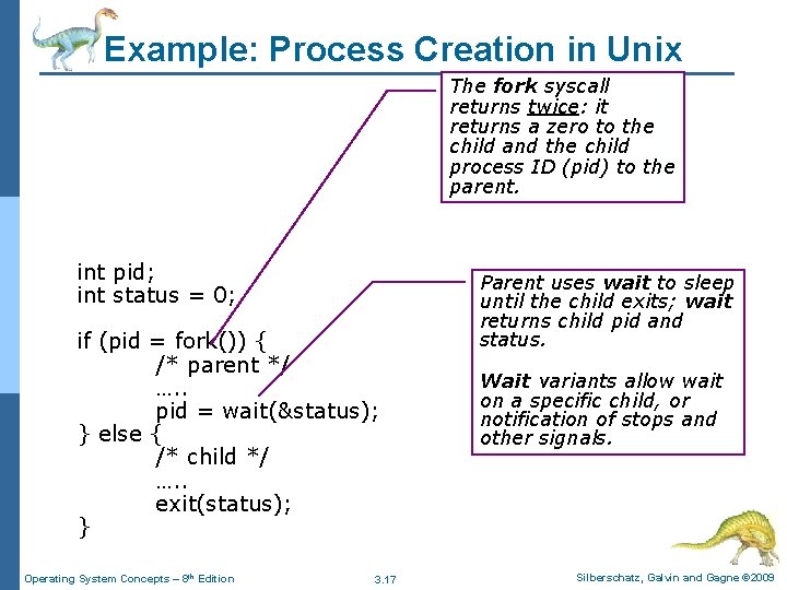 Example: Process Creation in Unix The fork syscall returns twice: it returns a zero Example: Process Creation in Unix The fork syscall returns twice: it returns a zero