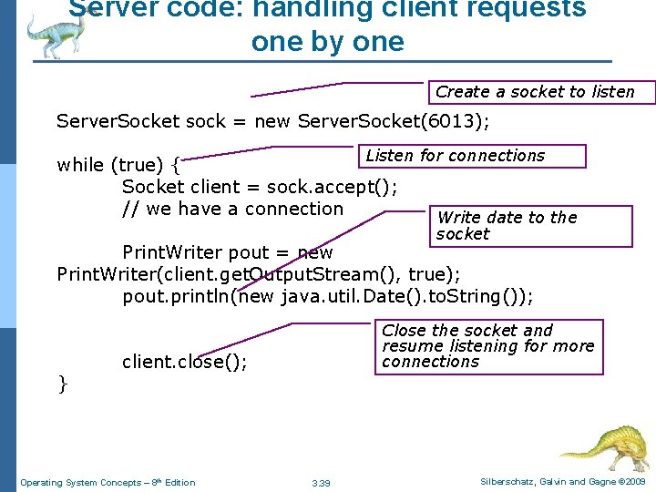 Server code: handling client requests one by one Create a socket to listen Server. Server code: handling client requests one by one Create a socket to listen Server.