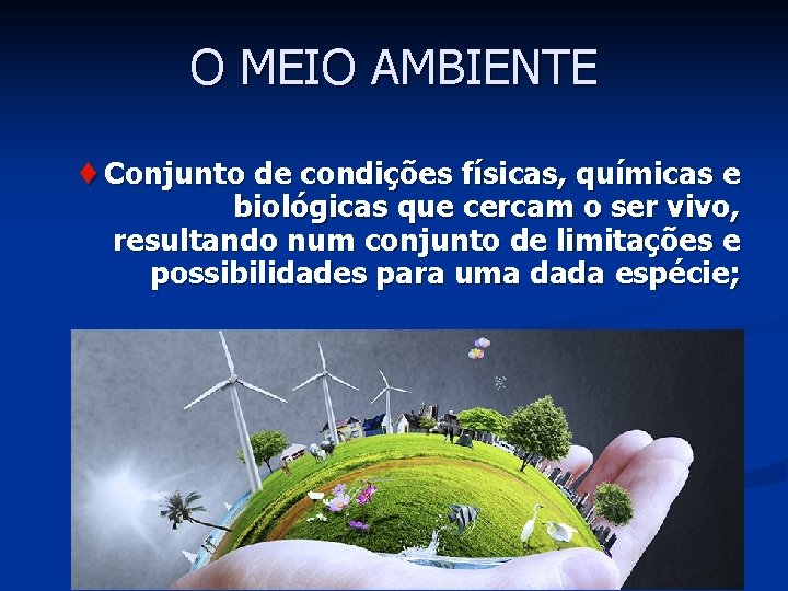 O MEIO AMBIENTE ¨ Conjunto de condições físicas, químicas e biológicas que cercam o