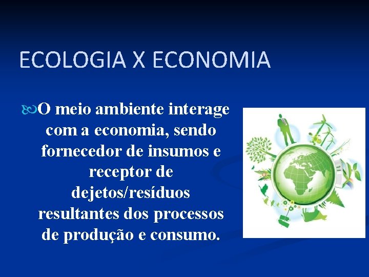 ECOLOGIA X ECONOMIA O meio ambiente interage com a economia, sendo fornecedor de insumos
