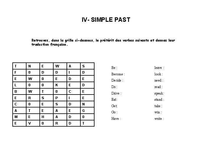 IV- SIMPLE PAST Retrouvez, dans la grille ci-dessous, le prétérit des verbes suivants et