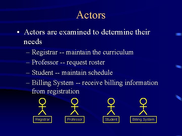 Actors • Actors are examined to determine their needs – Registrar -- maintain the