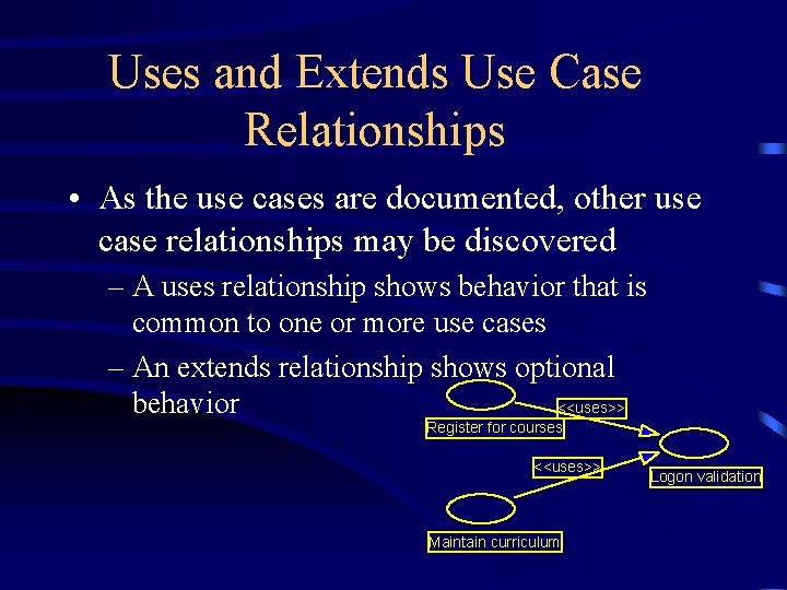 Uses and Extends Use Case Relationships • As the use cases are documented, other