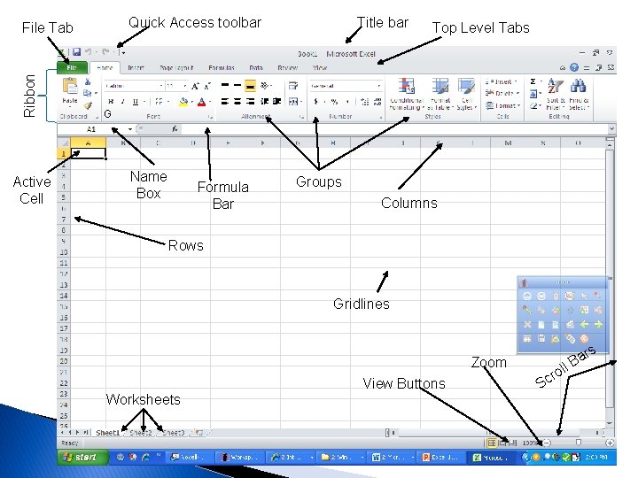 Quick Access toolbar Ribbon File Tab Active Cell Title bar Top Level Tabs G