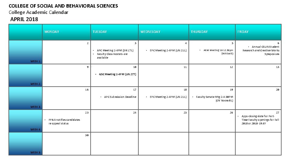 COLLEGE OF SOCIAL AND BEHAVIORAL SCIENCES College Academic Calendar APRIL 2018 MONDAY TUESDAY 32