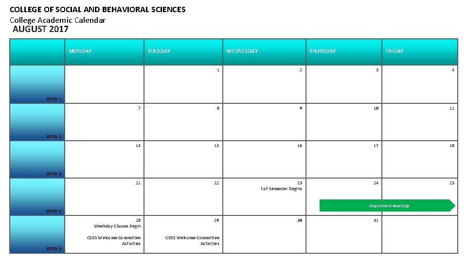 COLLEGE OF SOCIAL AND BEHAVIORAL SCIENCES College Academic Calendar AUGUST 2017 MONDAY TUESDAY WEDNESDAY