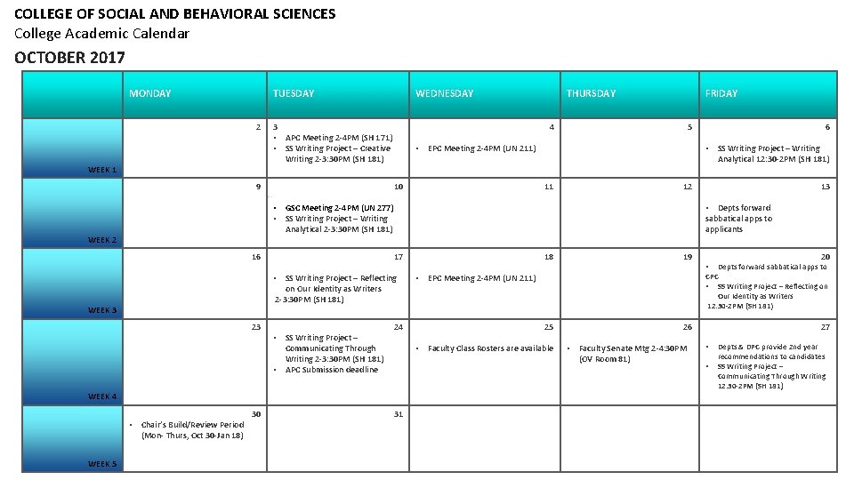 COLLEGE OF SOCIAL AND BEHAVIORAL SCIENCES College Academic Calendar OCTOBER 2017 MONDAY TUESDAY 22232222