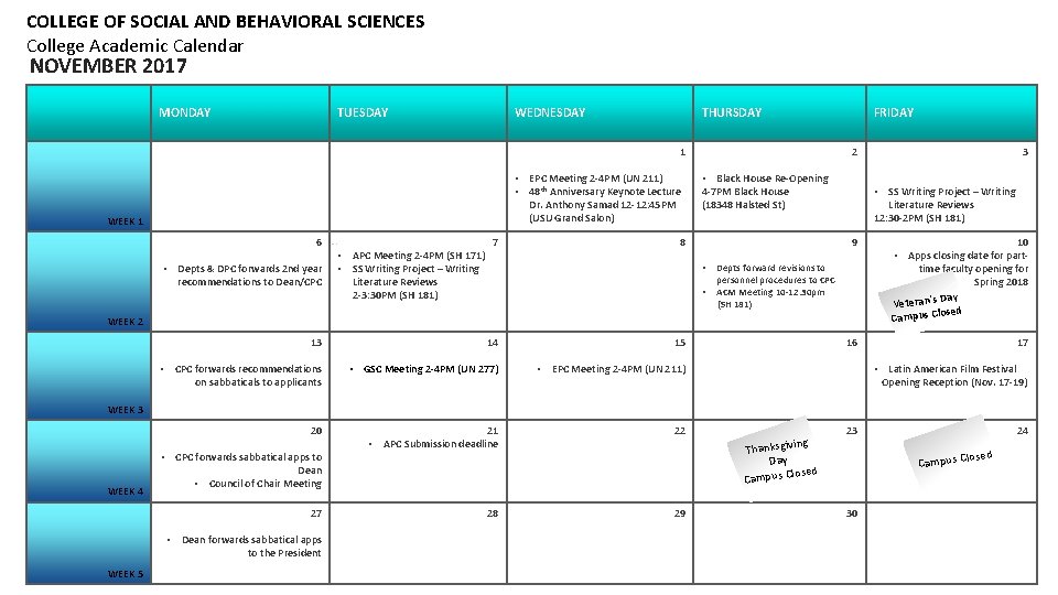 COLLEGE OF SOCIAL AND BEHAVIORAL SCIENCES College Academic Calendar NOVEMBER 2017 MONDAY TUESDAY WEDNESDAY