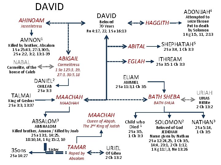 DAVID AHINOAM AMNON 1 Killed by brother, Absalom 1 Sa 25: 43, 27: 3,