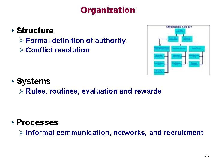 Organization • Structure Ø Formal definition of authority Ø Conflict resolution • Systems Ø