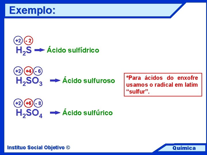 Exemplo: +2 - 2 H 2 S Ácido sulfídrico +2 +4 - 6 H