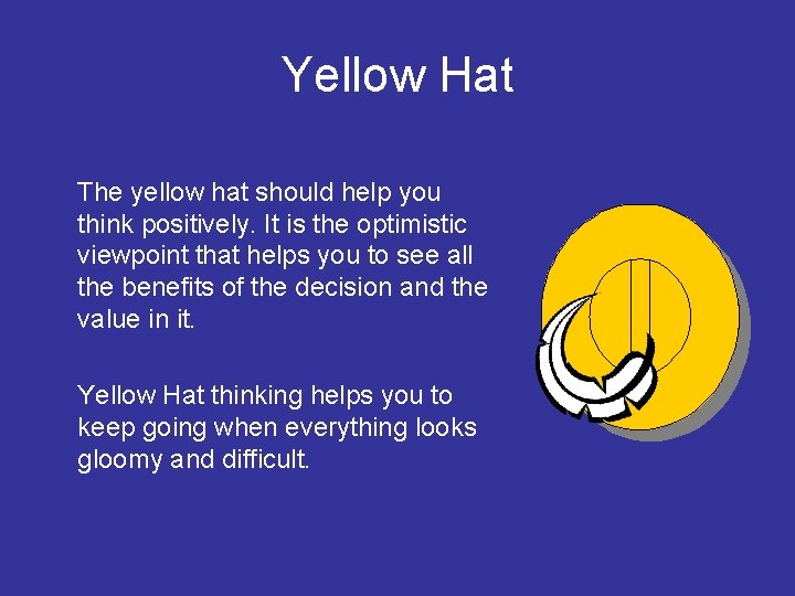 Yellow Hat The yellow hat should help you think positively. It is the optimistic