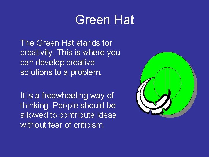 Green Hat The Green Hat stands for creativity. This is where you can develop