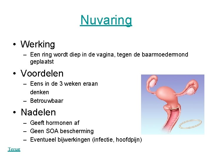 Nuvaring • Werking – Een ring wordt diep in de vagina, tegen de baarmoedermond