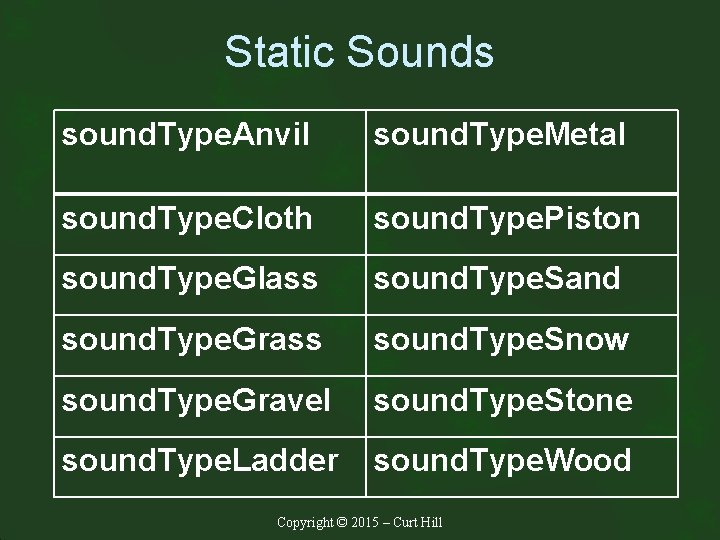 Static Sounds sound. Type. Anvil sound. Type. Metal sound. Type. Cloth sound. Type. Piston