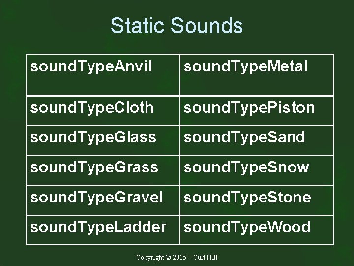 Static Sounds sound. Type. Anvil sound. Type. Metal sound. Type. Cloth sound. Type. Piston