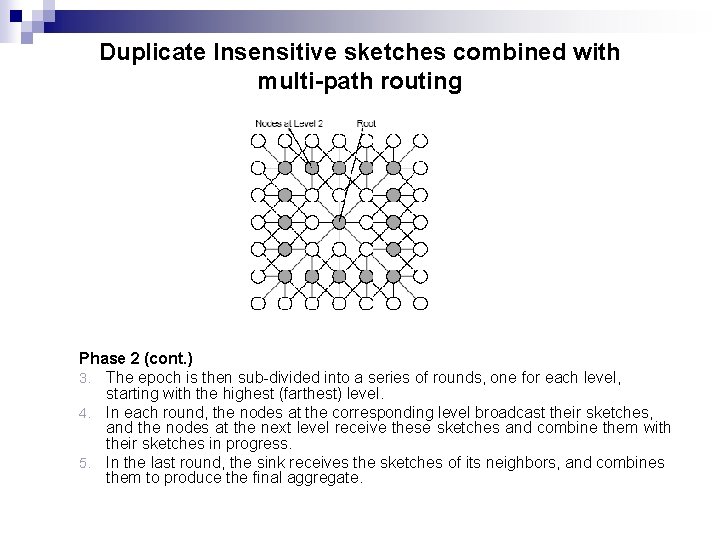 Duplicate Insensitive sketches combined with multi-path routing Phase 2 (cont. ) 3. The epoch