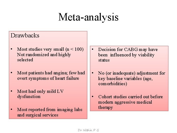 Meta-analysis Drawbacks • Most studies very small (n < 100) Not randomized and highly