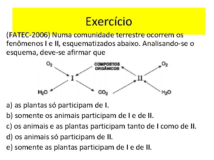 Exercício (FATEC-2006) Numa comunidade terrestre ocorrem os fenômenos I e II, esquematizados abaixo. Analisando-se